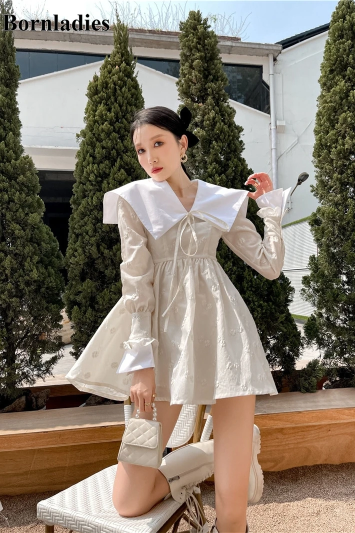 Bornladies Sailor Collar Jacquard Long Sleeve Mini Dress Women Tie Neck Tunic A Line Dress Fashion Korean Outfit Spring 2021
Bornladies Sailor Collar Jacquard Long Sleeve Mini Dress Women Tie Neck Tunic A Line Dress Fashion Korean Outfit Spring 2021