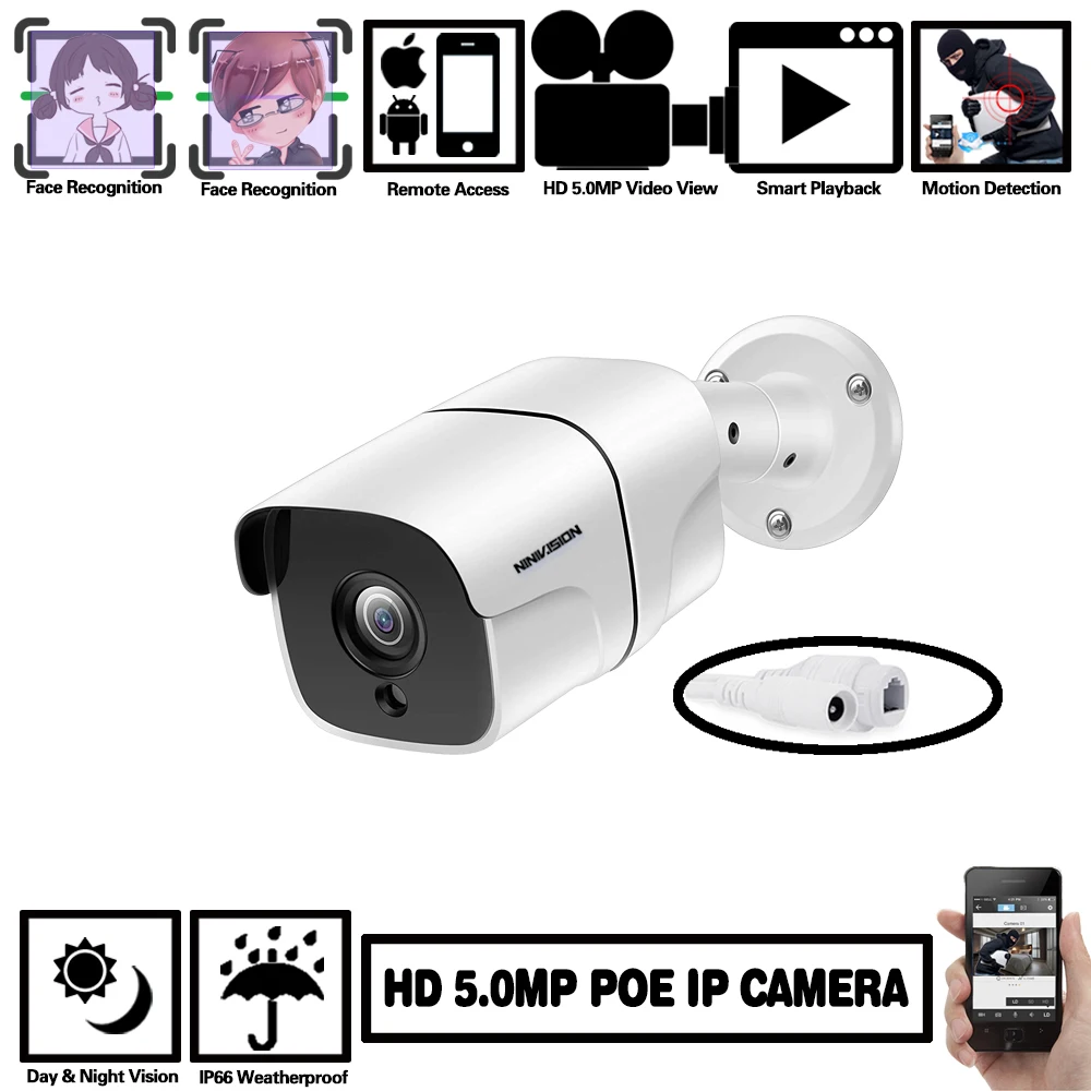 NINIVISION PoE IP камера 5MP Ultra HD наружная Водонепроницаемая инфракрасная ночного