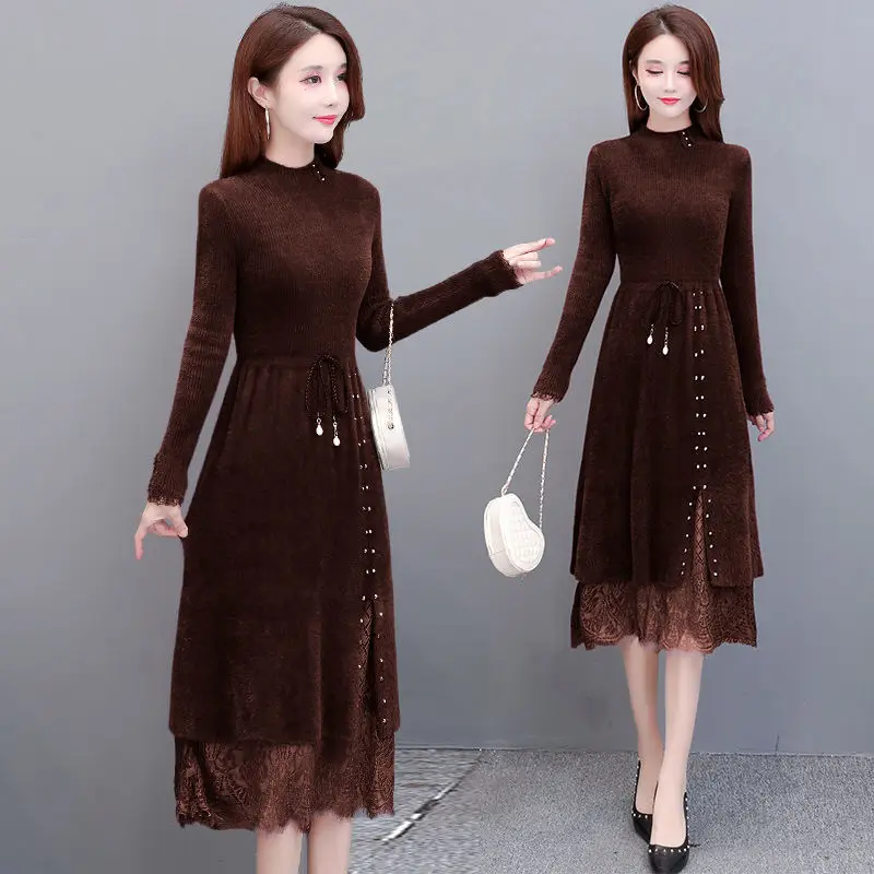 Fashion Lace Patchwork Lmitated Mink Wool Knitted Dress Elegant Solid Color Draw String Long Sleeve Dresses Korean Slim Dress
Fashion Lace Patchwork Lmitated Mink Wool Knitted Dress Elegant Solid Color Draw String Long Sleeve Dresses Korean Slim Dress