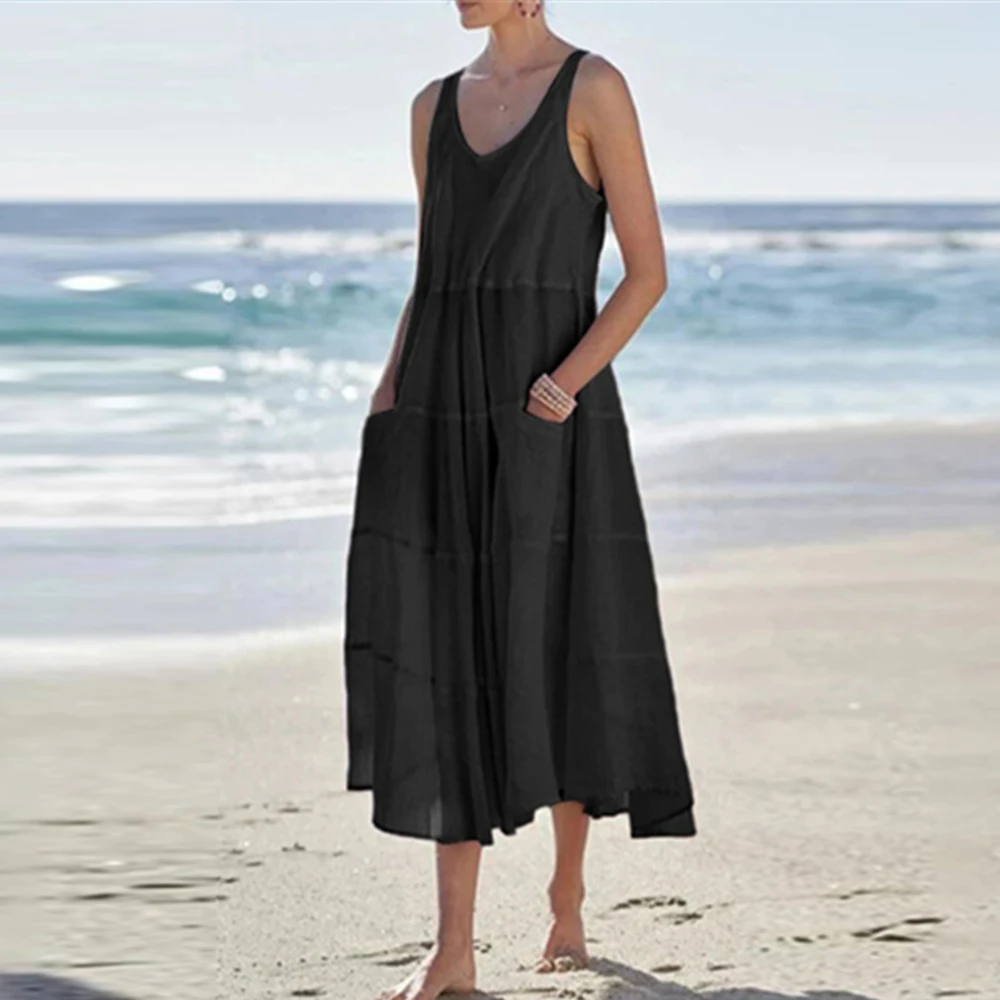 Female Sexy Beach Dress Women Beachwear Summer Tank Cotton Linen Dress Solid Sleeveless Mid Dress Vestidos 
Female Sexy Beach Dress Women Beachwear Summer Tank Cotton Linen Dress Solid Sleeveless Mid Dress Vestidos