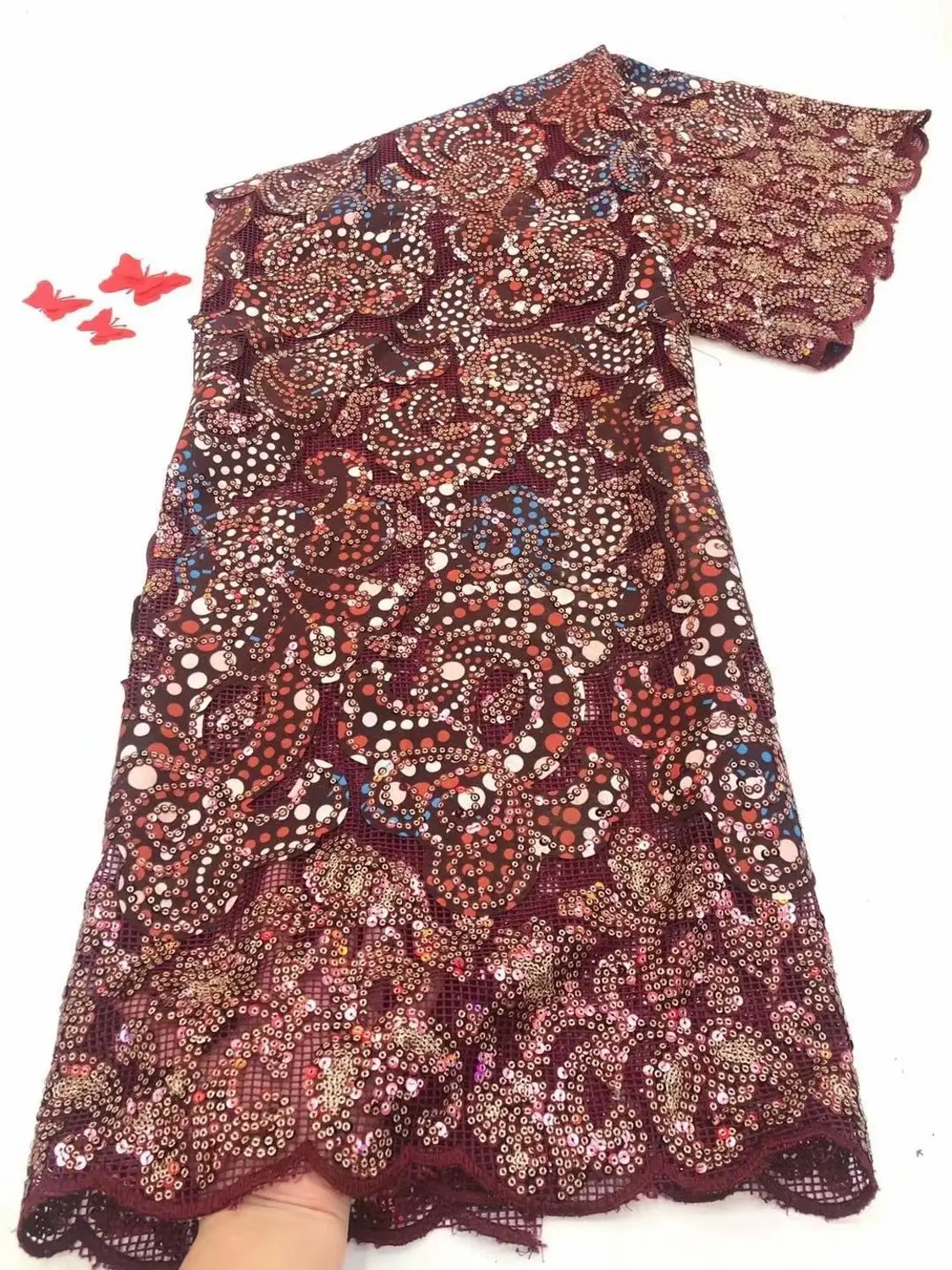 Sequins Cord Lace Fabric High Quality wine French Sequence Tulle Lace Nigerian Voile Lace Fabric FDC116
Sequins Cord Lace Fabric High Quality wine French Sequence Tulle Lace Nigerian Voile Lace Fabric FDC116