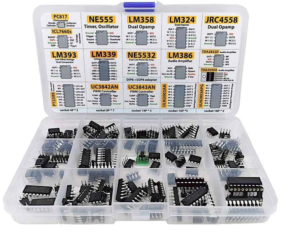 XL IC Chip Assortment 150 pcs, opamp, oscillator, pwm, PC817, NE555, LM358, LM324, JRC4558, LM393, LM339, NE5532, LM386, TDA2030
XL IC Chip Assortment 150 pcs, opamp, oscillator, pwm, PC817, NE555, LM358, LM324, JRC4558, LM393, LM339, NE5532, LM386, TDA2030