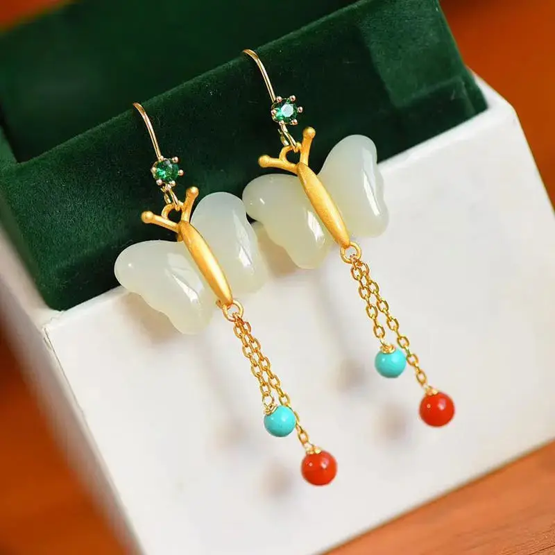 Natural Hetian White Jade Butterfly fringed geometric Earrings Chinese style retro charm light luxury women's silver jewelry
Natural Hetian White Jade Butterfly fringed geometric Earrings Chinese style retro charm light luxury women's silver jewelry