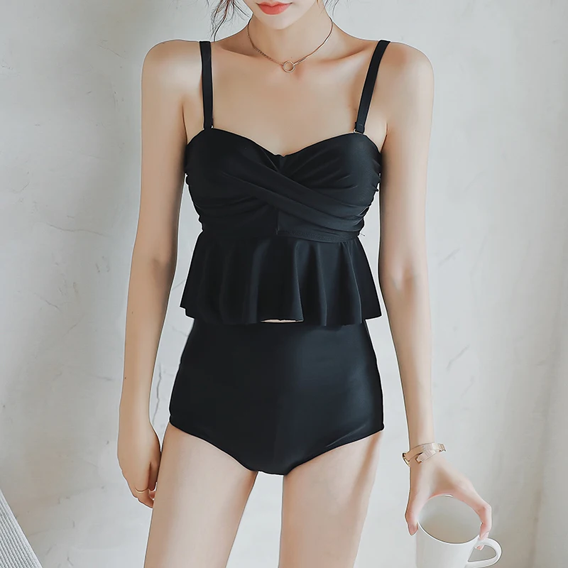 

Suspenders Two Piece Swimsuit Women Solid Swimwear Push Up Tankini Korea High Waist Bathing Suit Ruffled Bikini Cut Out Beach