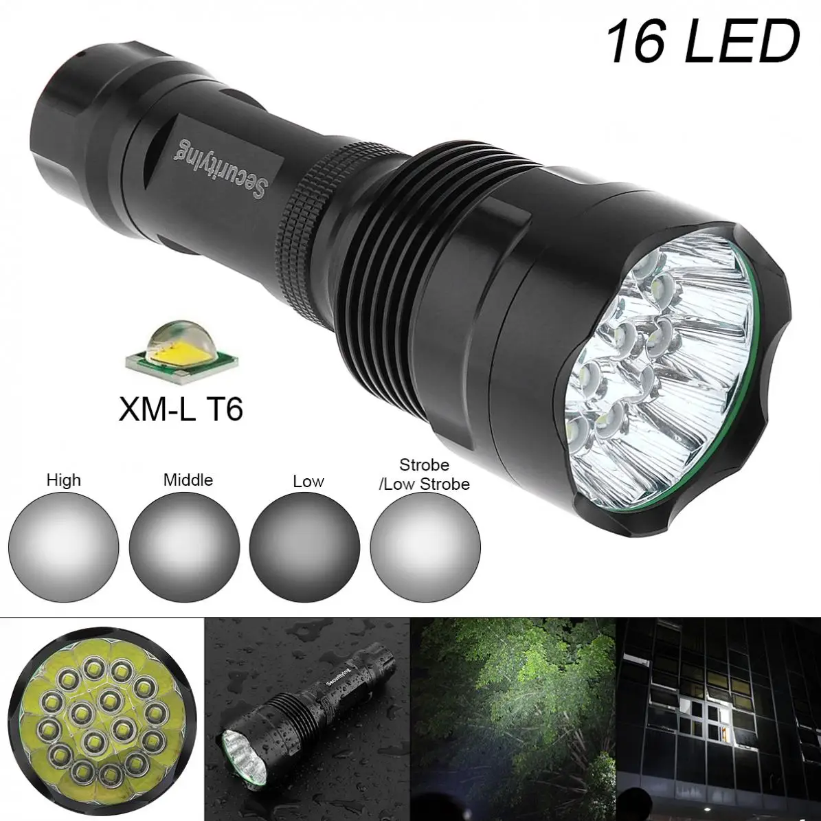 

SecurityIng Super Bright 16x XM-L T6 LED Waterproof Flashlight Torch with 5 Modes Light Support 18650 Rechargeable Battery