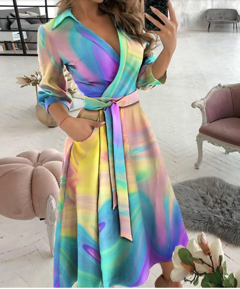 Sexy Elegant Rainbow Print Party Dresses Women Spring Summer Casual Long Sleeve Streetwear Dress Belted Clothing
Sexy Elegant Rainbow Print Party Dresses Women Spring Summer Casual Long Sleeve Streetwear Dress Belted Clothing
