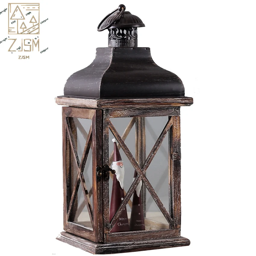 

American country Retro wood Hurricane lamp lantern Top quality Hanging candle candlestick Christmas Home Wedding Decor 41cm H