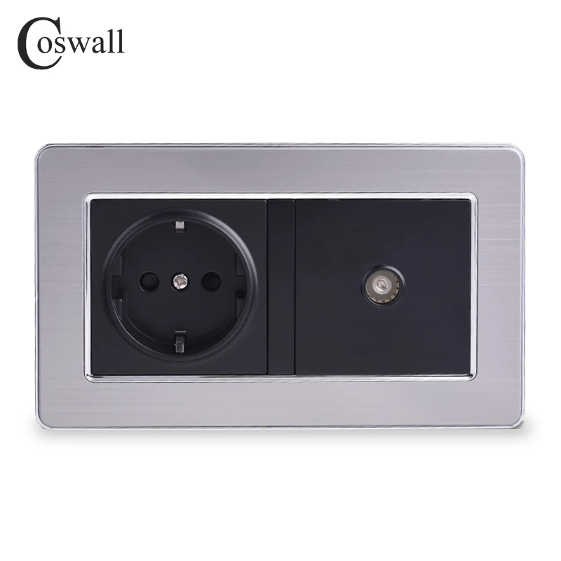 

COSWALL 16A Russia Spain EU Standard Power Socket Grounded With Female TV Jack Stainless Steel Brushed Panel Wall Outlet