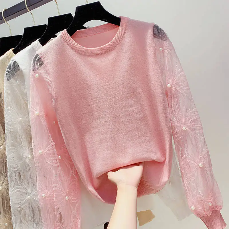 Temperament Lace Sleeve Jumper Women Spring Autumn Long Sleeved Thin Sweater Shirt Girl Student Loose Tops Jumper Femme G1273
Temperament Lace Sleeve Jumper Women Spring Autumn Long Sleeved Thin Sweater Shirt Girl Student Loose Tops Jumper Femme G1273