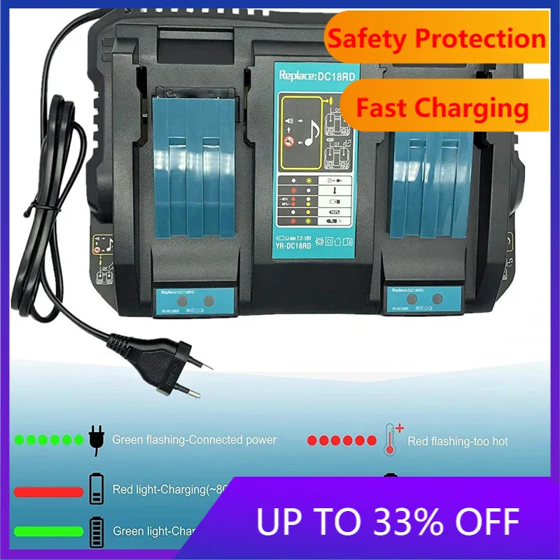 EU Plug DC18RD Rapid Charger Replacement for Makita Power Tool Li-ion Battery Charger 6A 7.2V-18V with Two Charging Positions
EU Plug DC18RD Rapid Charger Replacement for Makita Power Tool Li-ion Battery Charger 6A 7.2V-18V with Two Charging Positions
