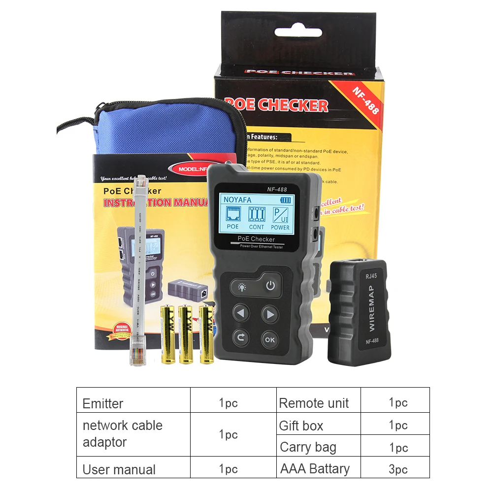 Multi-functional LCD Network Cable Tester PoE Checker Inline PoE Voltage Current Tester with Cable Tester Network Tools NF-488
Multi-functional LCD Network Cable Tester PoE Checker Inline PoE Voltage Current Tester with Cable Tester Network Tools NF-488