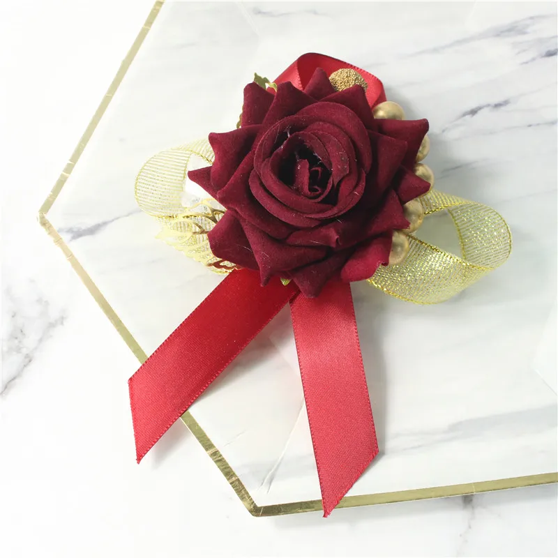 

YO CHO Corsages Artificial Flower Bride Wedding Silk Rose Wrist Flower Bridesmaids Wrist Corsage Burgundy Wedding Boutonniere