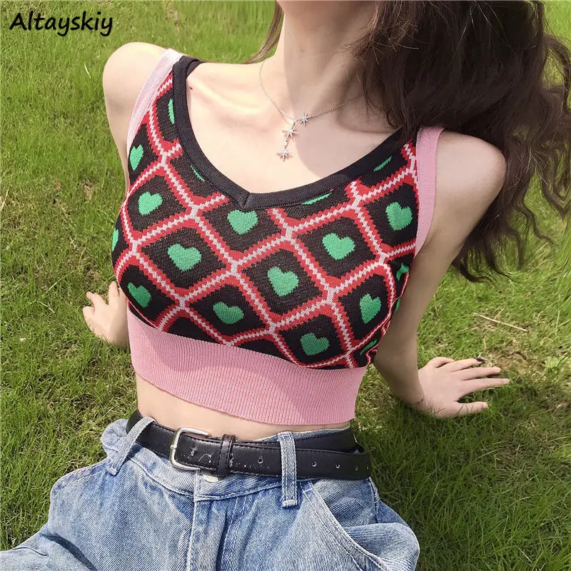

Women Cropped Sweater Vests Panelled Heart Slim V-neck Tops Sexy High Street Sweet Sleeveless Jumper Retro Bottoming Clothes Ins