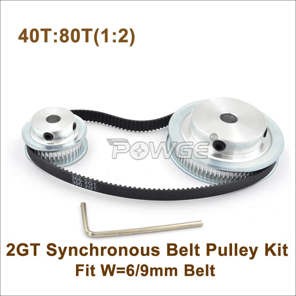 

POWGE 40 Teeth 80 Teeth GT2 Timing Belt Pulley Kit 1:2 Speed Ratio 40T:80T 2M/2GT Reduction Pulley For W=6/9mm 300-2GT Belt