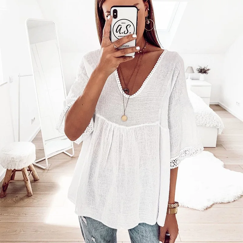 Zoki White Lace Stitching Blouse Women V Neck Five Quarter Sleeve Shirt Solid Color Elegant Femme Tops Fashion Summer New
Zoki White Lace Stitching Blouse Women V Neck Five Quarter Sleeve Shirt Solid Color Elegant Femme Tops Fashion Summer New