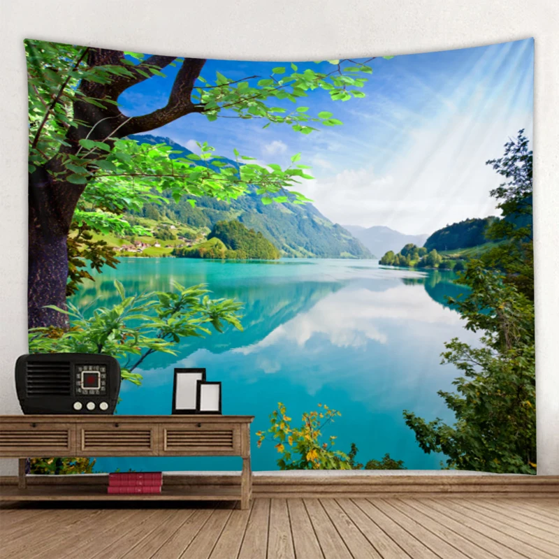 

Beautiful natural scenery of mountains, rivers and lakes tapestry art decoration blanket curtain hanging home bedroom living roo