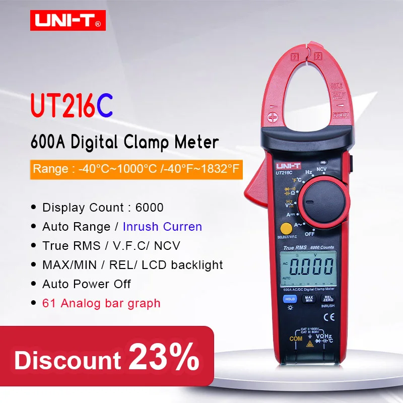 Цифровой токоизмеритель-зажим UNI-T UT216C 600A, мультиметр постоянного и переменного тока с автоматическим диапазоном, NCV V.F.C, тестер температуры с ЖК-диодом и фонариком 
Цифровой токоизмеритель-зажим UNI-T UT216C 600A, мультиметр постоянного и переменного тока с автоматическим диапазоном, NCV V.F.C, тестер температуры с ЖК-диодом и фонариком