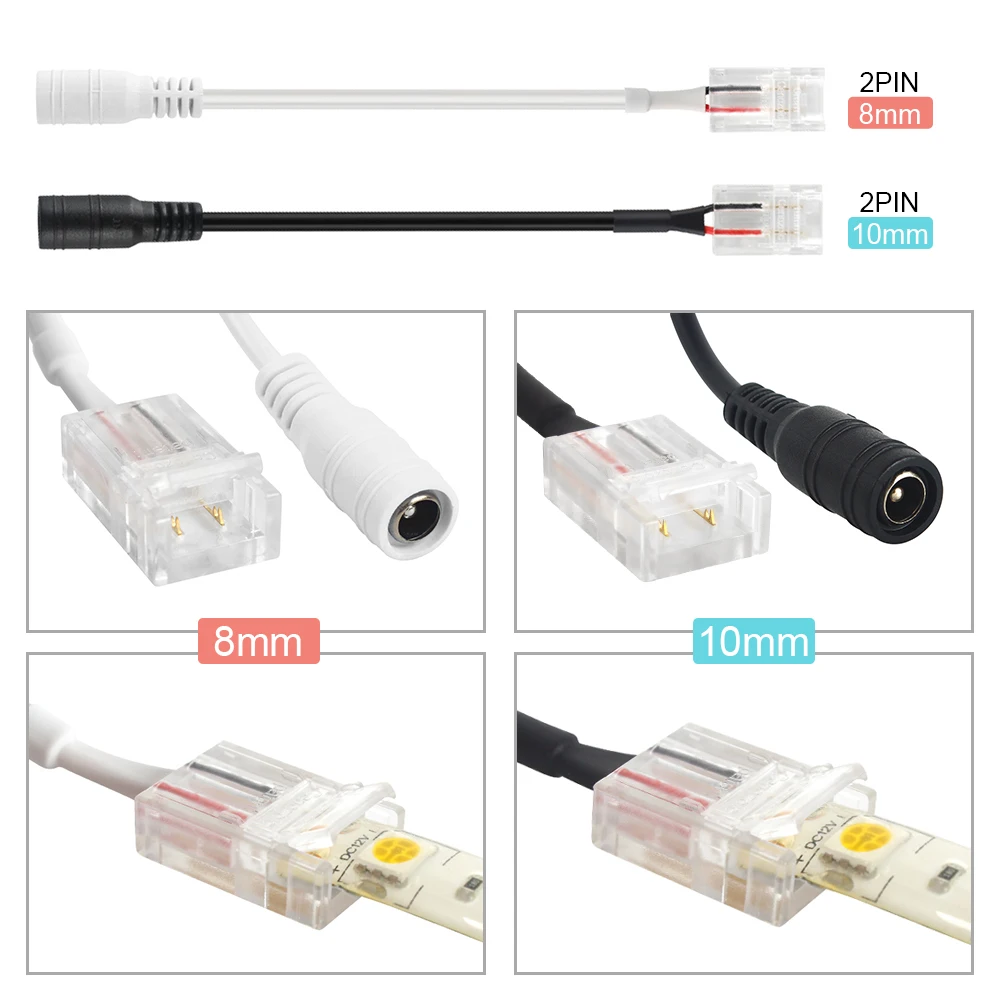 

5pcs 10pcs 2pin DC Female to PCB Strip Cable Wire Connector 10mm/8mm Adapter 5.5x2.1mm For 3528 5050 IP65 LED Strip