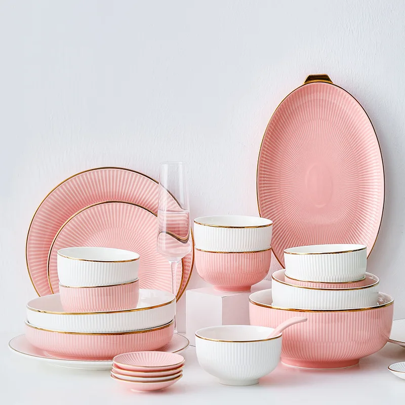 White Porcelain Dinner Dishes and Plates Set Luxury Gold Inlay Pink Ceramic for Food Salad Bowl Tableware Dining Dish
White Porcelain Dinner Dishes and Plates Set Luxury Gold Inlay Pink Ceramic for Food Salad Bowl Tableware Dining Dish