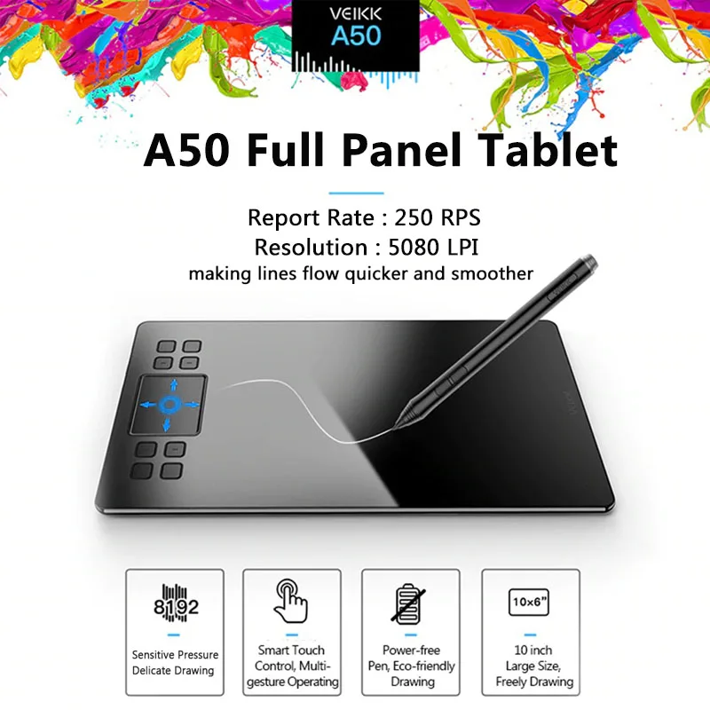 VEIKK A50 10X6'' Graphic Pen Tablet Drawing Digital Tablet With 8192 Levels Passive Pen Support Windows MAC
VEIKK A50 10X6'' Graphic Pen Tablet Drawing Digital Tablet With 8192 Levels Passive Pen Support Windows MAC