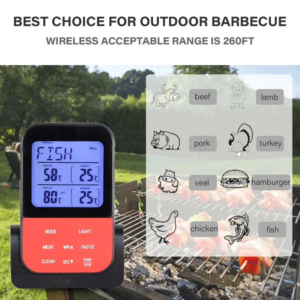 Kitchen Digital BBQ Thermometer Wireless Oven Food Cooking Grill Smoker Meat Thermometer with Dual Channel Probe Gauge Tool
Kitchen Digital BBQ Thermometer Wireless Oven Food Cooking Grill Smoker Meat Thermometer with Dual Channel Probe Gauge Tool