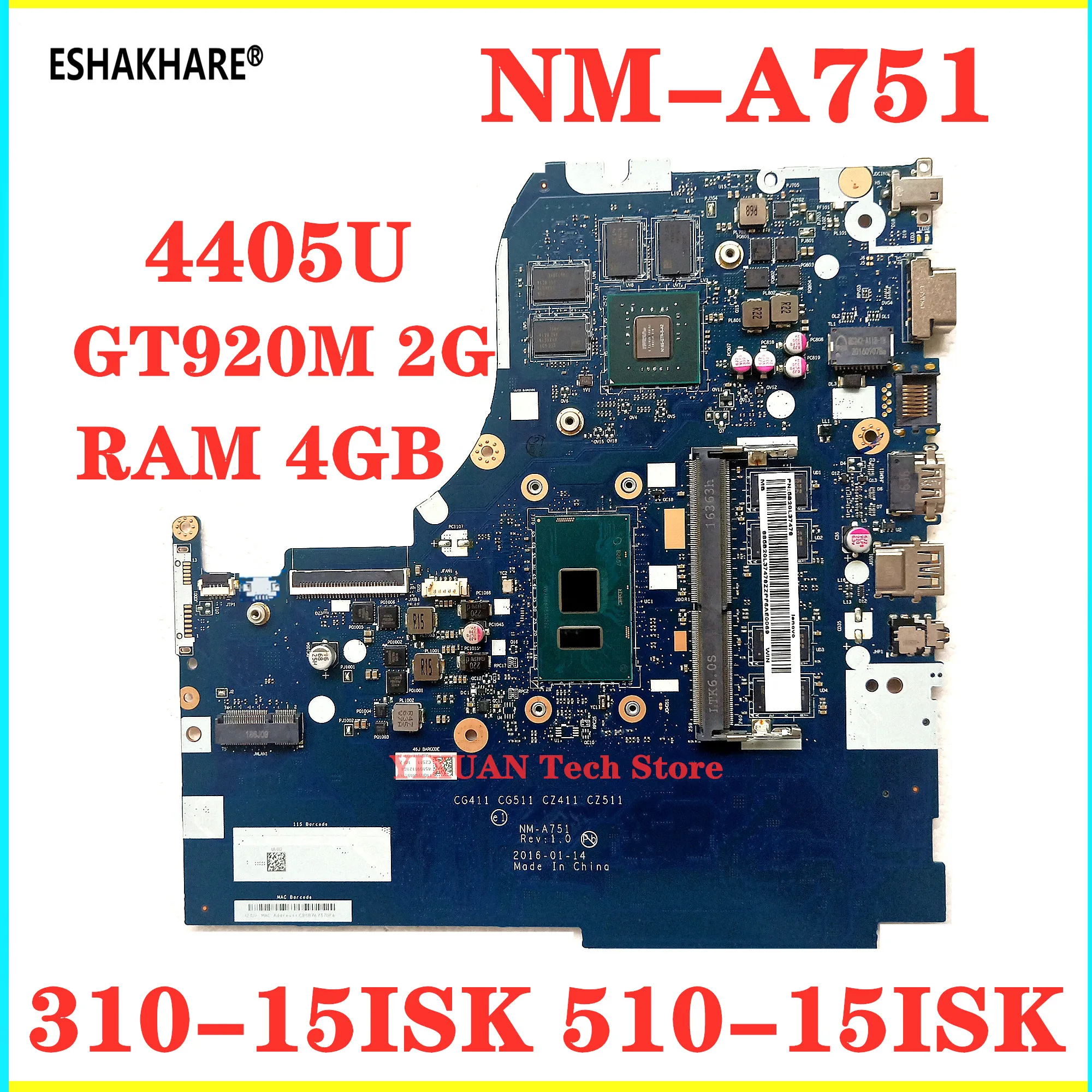 NM A751 материнская плата для ноутбука Lenovo 310 15ISK 510 Материнская SR2EX процессор 4405U 4G RAM
