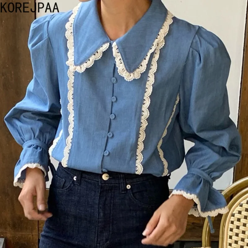 Korejpaa Elegant Women Blouse Autumn Casual Lace Lapel Single-breasted Chic Flared Sleeve Denim Shirt Outwear Female Top New
Korejpaa Elegant Women Blouse Autumn Casual Lace Lapel Single-breasted Chic Flared Sleeve Denim Shirt Outwear Female Top New