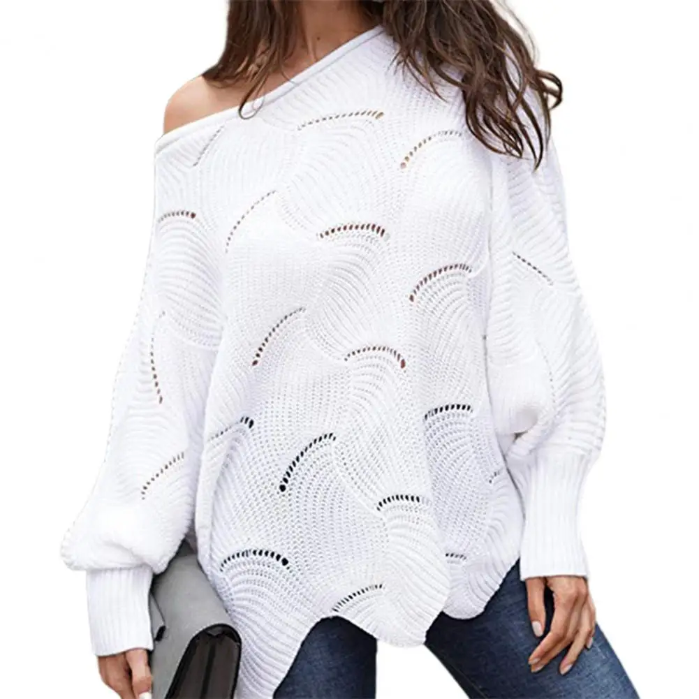 

Ele-choices Solid Color Batwing Sleeve Knitted Sweater Flower Edge Hem Hollow O-Neck Women Knitwear for Autumn Winter