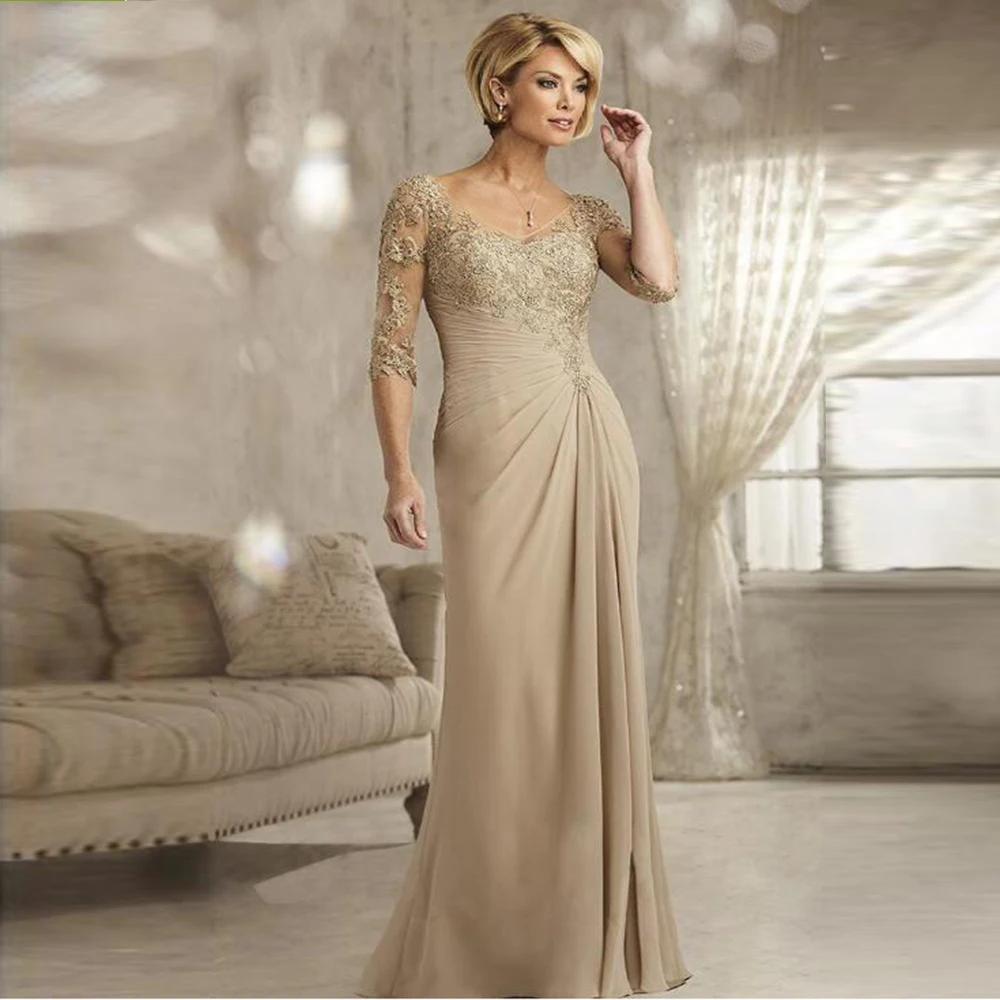 2020 New Elegant Champagne Chiffon V Neck Mother of the Bride Dresses With Three Quarter Sleeves Wedding Party Gowns Lace
2020 New Elegant Champagne Chiffon V Neck Mother of the Bride Dresses With Three Quarter Sleeves Wedding Party Gowns Lace