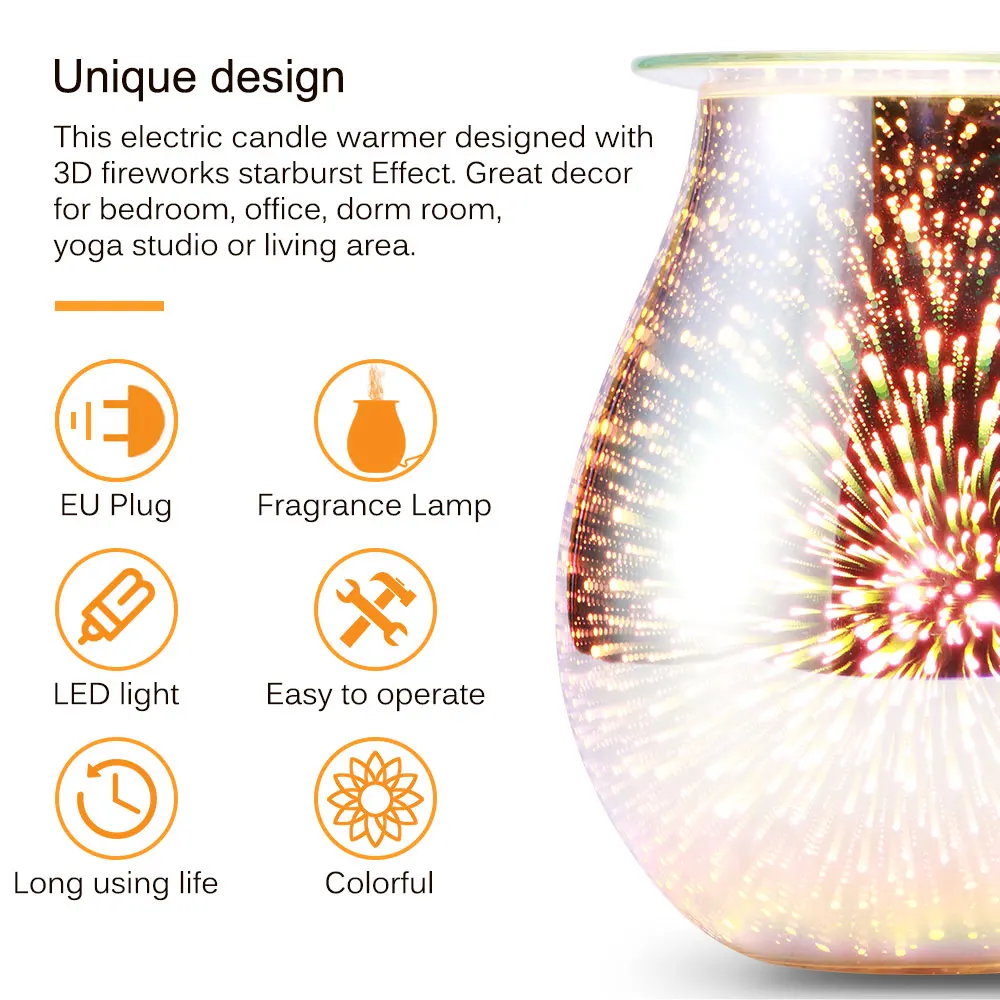 Electrical Incense Burner 3D Fireworks Glass Fragrant Wax Melting Holder For Room Refresh Incense Bottle Burner High Quality
Electrical Incense Burner 3D Fireworks Glass Fragrant Wax Melting Holder For Room Refresh Incense Bottle Burner High Quality