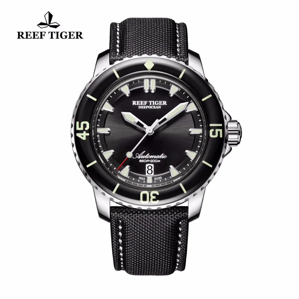 

Reef Tiger/RT Sport Watches for Men Nylon Strap Automatic Super Luminous Steel Dive Watch with Date RGA3035
