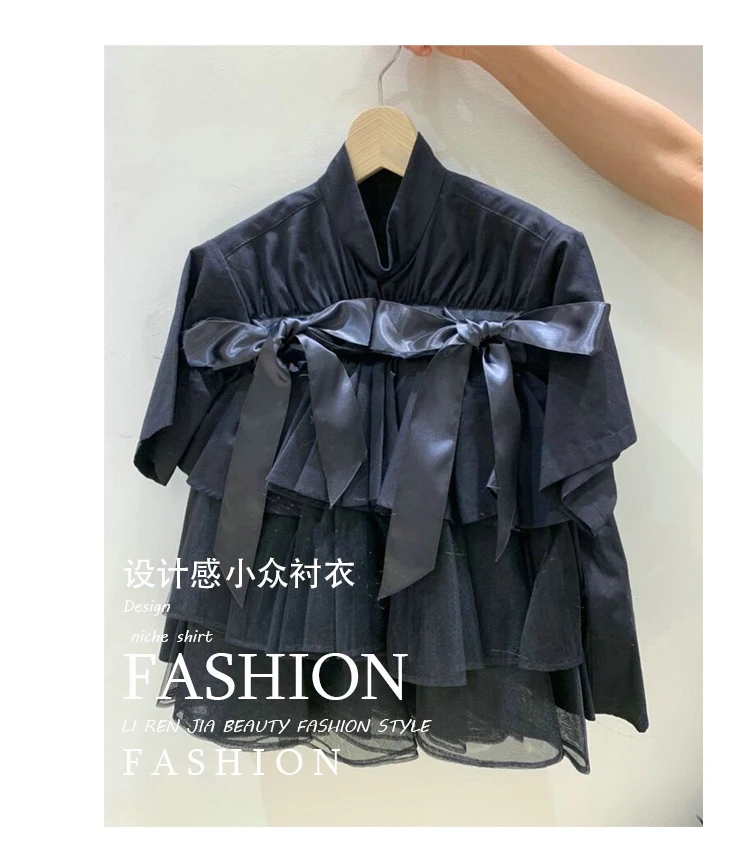 Fairy Sweet Bow Solid Color Shirt V-neck Slimming Top for Women Layered Mesh Patchwork Spring and Summer Female Blouse 
Fairy Sweet Bow Solid Color Shirt V-neck Slimming Top for Women Layered Mesh Patchwork Spring and Summer Female Blouse