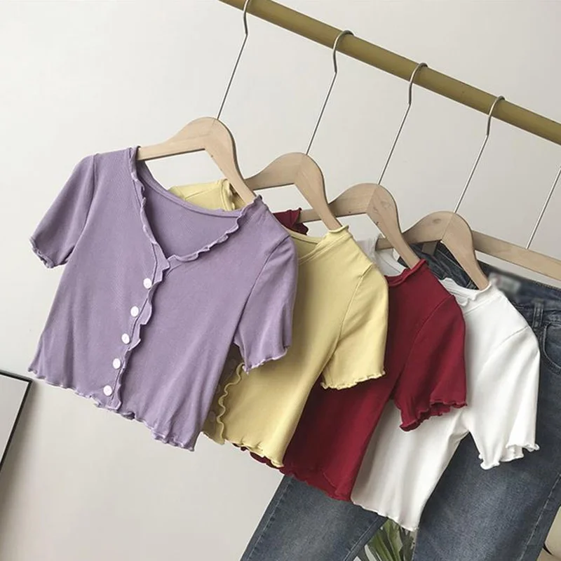 Women Summer T-Shirt Crop Top Sweet Korean Style V-Neck Short Sleeve T Shirts Ladies Knited Casual White Crop Tops
Women Summer T-Shirt Crop Top Sweet Korean Style V-Neck Short Sleeve T Shirts Ladies Knited Casual White Crop Tops