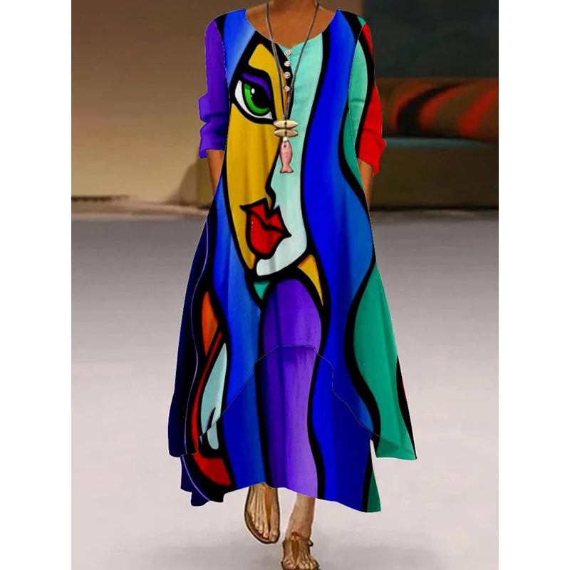 

Summer Vintage Elegance Dress Abstract Oil Paint Female Long Sleeve Slim Dress Casual Ruffle Hem Skir Party Woman Evening Dress