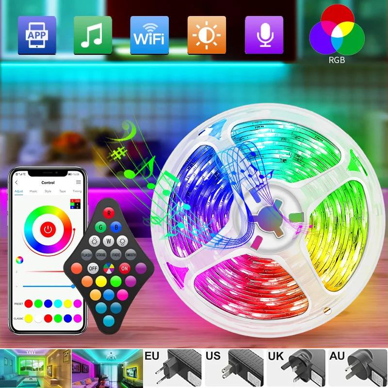 Светодиодная лента 5050 RGB с Wi-Fi, управление через приложение для телефона, 5-30 м, цветная Диодная гибкая лента, адаптер для украшения праздника,...
Светодиодная лента 5050 RGB с Wi-Fi, управление через приложение для телефона, 5-30 м, цветная Диодная гибкая лента, адаптер для украшения праздника,...