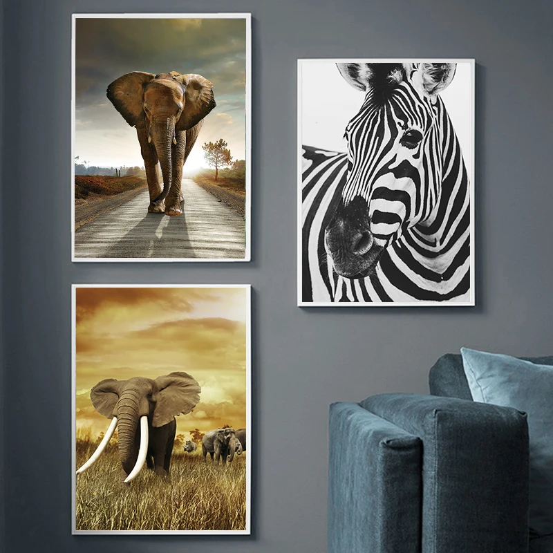 Рисунок на холсте со слоном зеброй львом жирафом Рино черно белые животные