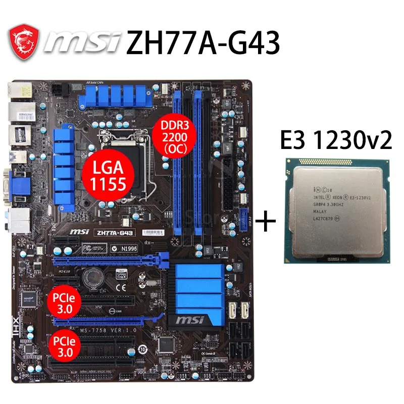 Материнская плата LGA 1155 MSI ZH77A-G43 + процессор Intel E3 1230v2 H77 32 Гб DVI HDMI-совместимая