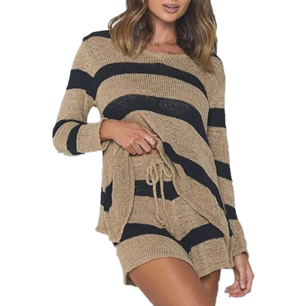 VICABO Striped Printed Women Two Piece Set Long Sleeve O-Neck Knitted Tops Drawstring High Waist Shorts Lady Sweaters 2PCS Sets
VICABO Striped Printed Women Two Piece Set Long Sleeve O-Neck Knitted Tops Drawstring High Waist Shorts Lady Sweaters 2PCS Sets