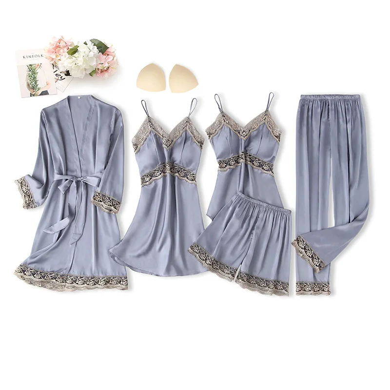 Burgundy Lace Trim Pajamas Set Women Satin 5PCS Sleepwear Spring Summer Sleep Set Femme Pijamas Suit Casual Nightgown
Burgundy Lace Trim Pajamas Set Women Satin 5PCS Sleepwear Spring Summer Sleep Set Femme Pijamas Suit Casual Nightgown