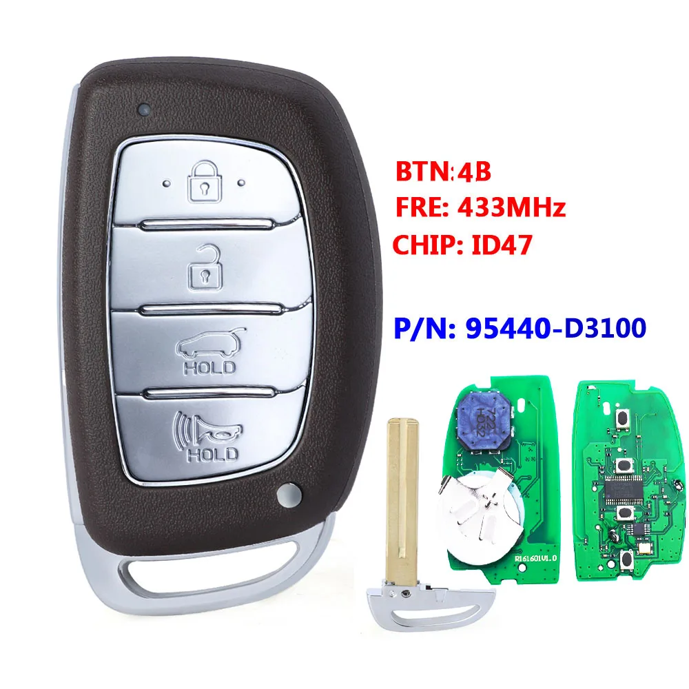 XNRKEY Smart Remote Key 4 Buttons 433MHz ID47 Chip For Hyundai Tucson 95440-D3100
XNRKEY Smart Remote Key 4 Buttons 433MHz ID47 Chip For Hyundai Tucson 95440-D3100
