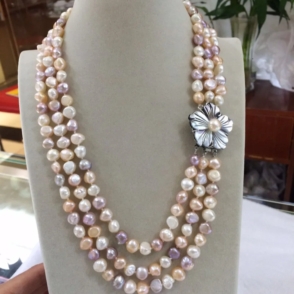 

NEW 3row 8-9mm Baroque White Pink Purple multicolor Freshwater Pearl Necklace 17-19"inches shell flowers clasp