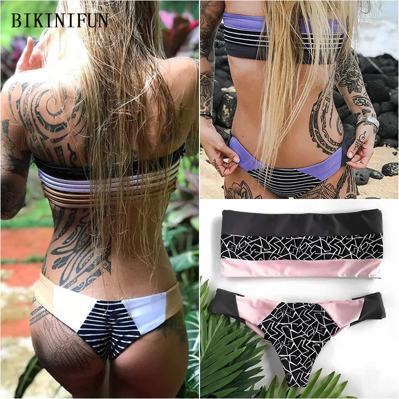 

New Sexy Strapless Bandeau Swimwear Women Stripe Patchwork Swimsuit Shirred Beachwear S-XL Girl Pullover Bathing Suit Bikini Set