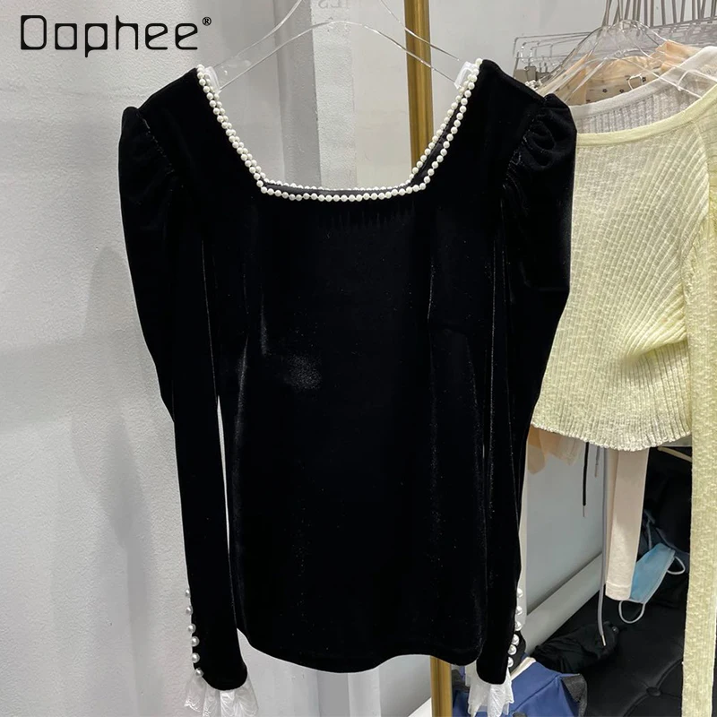 Новинка 2022, приталенный пуловер с длинными рукавами в Корейском стиле, женская рубашка с жемчужной отделкой и квадратным воротником, бархат... 
Новинка 2022, приталенный пуловер с длинными рукавами в Корейском стиле, женская рубашка с жемчужной отделкой и квадратным воротником, бархат...