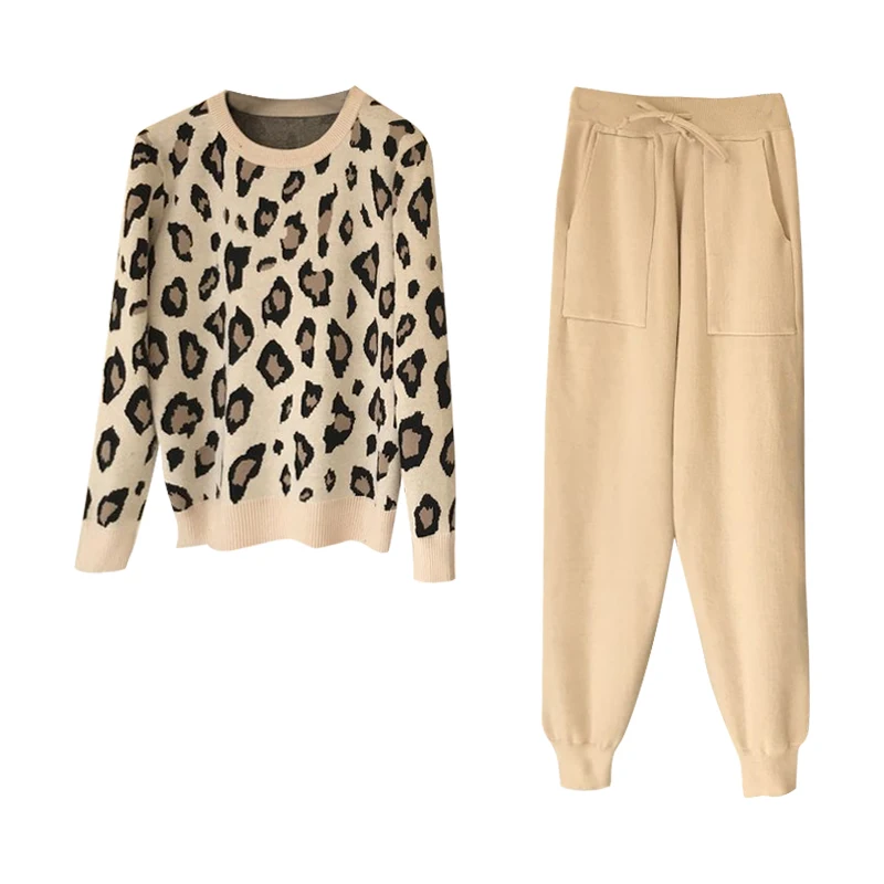 Casual Tracksuit Streetwear Leopard Printed Knit Two-peice Suit Women Long Sleeve O-Neck Sweater Tops Solid Color Harem Pants
Casual Tracksuit Streetwear Leopard Printed Knit Two-peice Suit Women Long Sleeve O-Neck Sweater Tops Solid Color Harem Pants