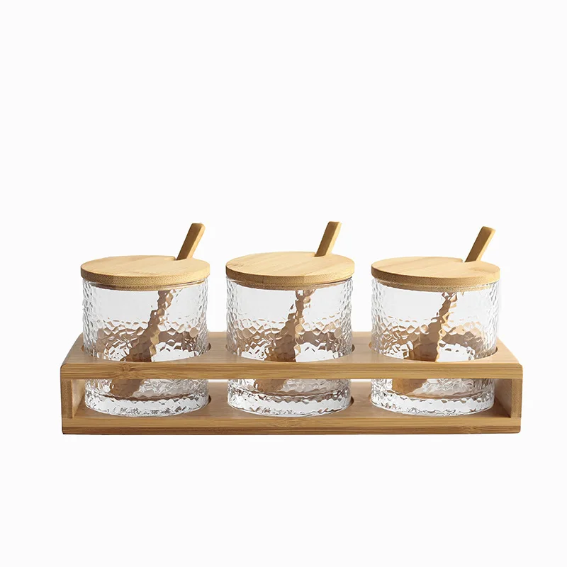 Japanese style hammer glass salt can seasoning jar three-piece kitchen condiment jar set seasoning tank
Japanese style hammer glass salt can seasoning jar three-piece kitchen condiment jar set seasoning tank