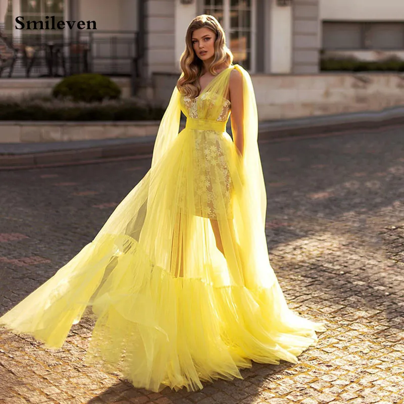 Smileven New Style Yellow Prom Dresses Lace Appliques Long Prom Party Gowns Elegant Formal Evening Dress With Short Skirt
Smileven New Style Yellow Prom Dresses Lace Appliques Long Prom Party Gowns Elegant Formal Evening Dress With Short Skirt
