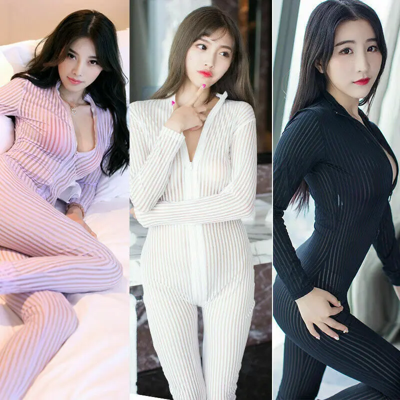 Women Sexy Striped Sheer Bodysuit Bodycon Catsuit Two Way Zipper Romper Jumpsuit
Women Sexy Striped Sheer Bodysuit Bodycon Catsuit Two Way Zipper Romper Jumpsuit