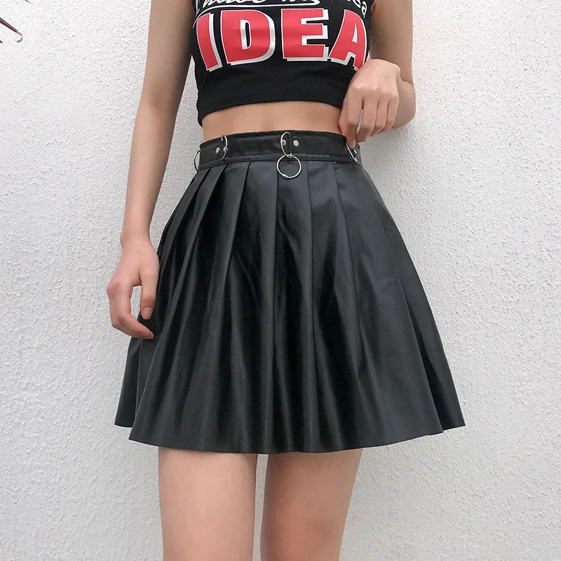 Goth Dark Solid Leather Vintage Skirts Ring Pleated Slim Gothic Skirt Lady Trendy High Waist Black Short Skirt Female Summer
Goth Dark Solid Leather Vintage Skirts Ring Pleated Slim Gothic Skirt Lady Trendy High Waist Black Short Skirt Female Summer