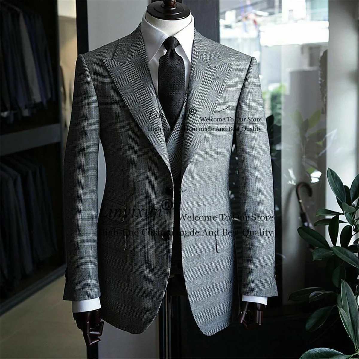 

Tweed Houndstooth Wales Check 3 Pcs Blazer With Pants Set Men Suits Business Work Wear Notch Lapel Wedding Formal Tuxedo 2021