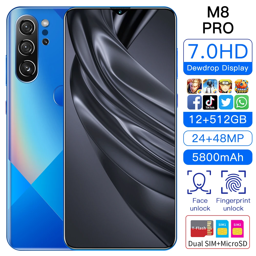 Universal Smartphones 5G M8 Pro Android 10.0 12GB+512GB MTK-6899 10-Core Mobile Phones 7.0 inch HD+ 24+48MP Camera Cellphoneses
Universal Smartphones 5G M8 Pro Android 10.0 12GB+512GB MTK-6899 10-Core Mobile Phones 7.0 inch HD+ 24+48MP Camera Cellphoneses